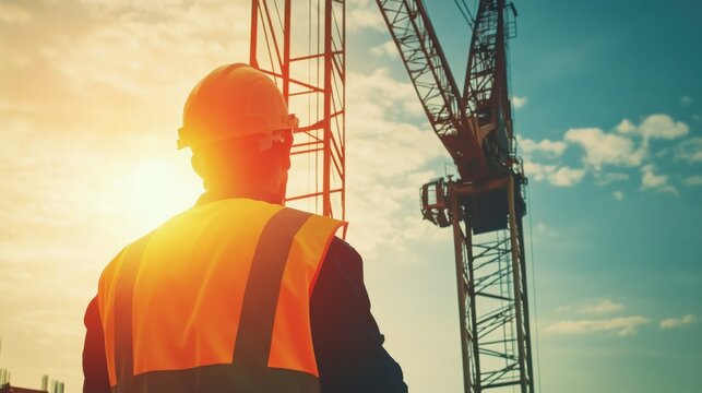 A construction worker guiding a crane operator for material lifting. Featuring teamwork and coordination