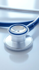 A medical instrument with a blue and silver color. The instrument is a stethoscope. The stethoscope is placed on a white surface