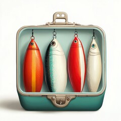 Detailed Illustration of Four Fishing Lures in a Teal Metal Box