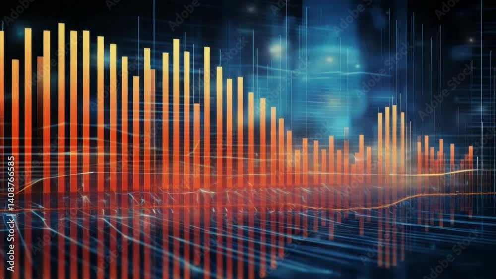 Aufkleber Abstract Data Visualization: Dynamic orange and blue data bars rise and fall against a dark backdrop, symbolizing growth, change, and technological innovation in a futuristic, abstract visualization.