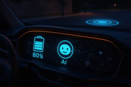Smart Car Dashboard Display: Innovative interior car dashboard showcases real-time information, featuring an AI interface and battery status icon in a futuristic, technological setting. 