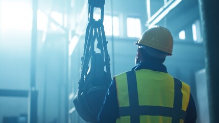 A construction worker guiding a crane to lift materials. Featuring teamwork and coordination
