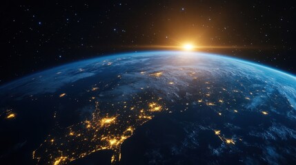 Obraz premium Stunning view of Earth from outer space with sunrise above