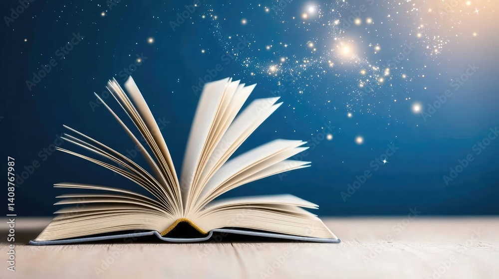 Poster open book under starry sky with galaxy and cognition concept. an open book with sparkling stars in a