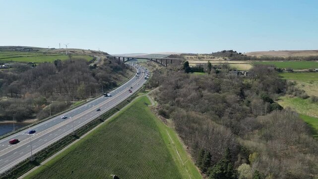 Drone shot of the Scammonden Bridge over the M62 Motorway in Huddersfield, West Yorkshire, England