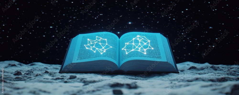 Aufkleber Open book under starry sky expanding cognition of space concept. An open book displaying interconnected data on lunar surface.