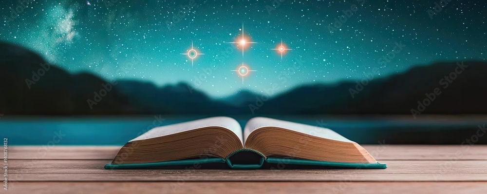 Poster open book under starry sky expanding cognition of space concept. open book under starry sky, symboli