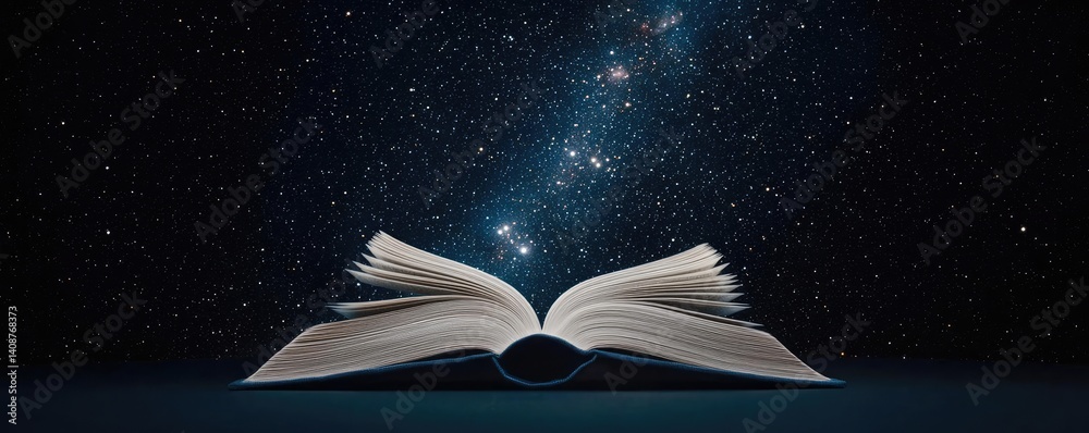 Poster Open book under starry sky symbolizing learning and cognition concept. A mystical open book reveals a galaxy of stars and dreams.