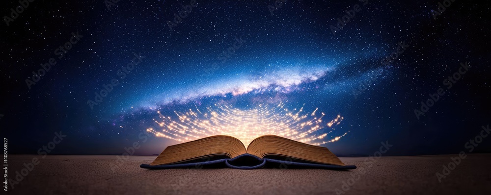 Poster open book under starry sky symbolizing learning and cognition concept. an open book reveals a galaxy