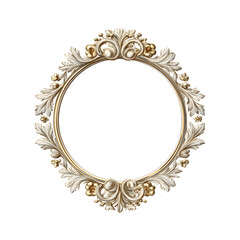 Soft gold antique round frame with classic floral leaf top accent, timeless vintage design, isolated on transparent white background