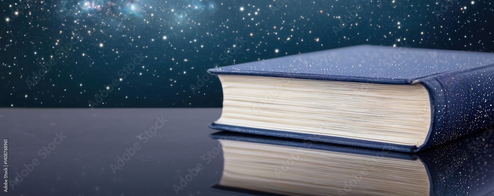 Aufkleber Open book under starry sky with galaxy and cognition concept. A book resting on a reflective surface with a starry background.