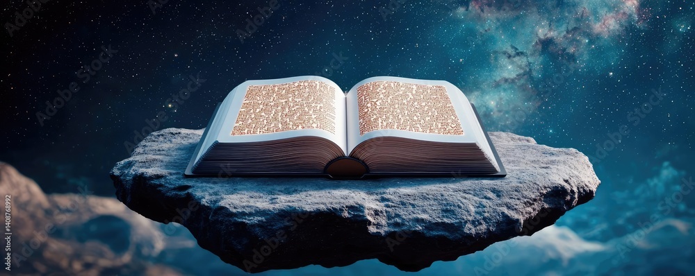 Poster Open book under starry sky expanding cognition of space concept. A mystical book floating in space amidst celestial wonders.