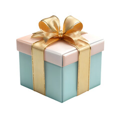 Square gift box with gold ribbon bow, elegant pastel wrapping, isolated on transparent white background