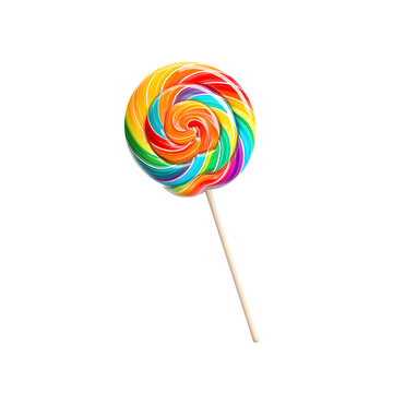 Swirl lollipop with rainbow colors on stick, cute candy style, isolated on transparent white background