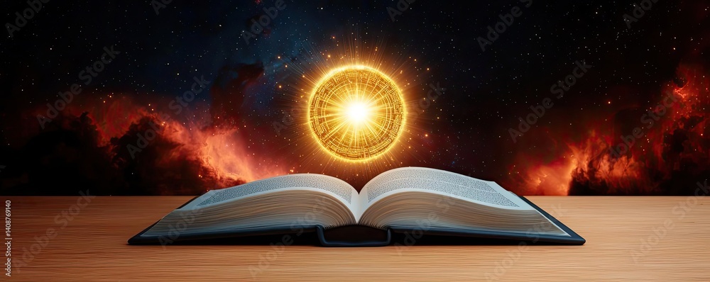 Aufkleber Open book under starry sky symbolizing learning and cognition concept. An open book with a glowing symbol in a cosmic background.