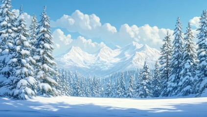 Fototapeta premium Snowy winter landscape depicts trees clouds and distant mountain peaks
