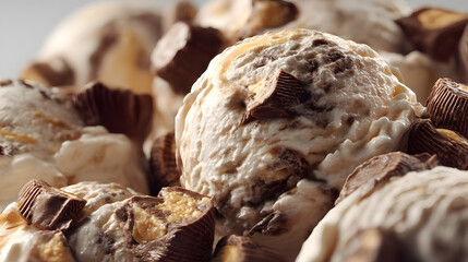 Indulgent Close-Up of Delicious Photorealistic Ice Cream Scoops with Peanut Butter and Chocolate Flavorings