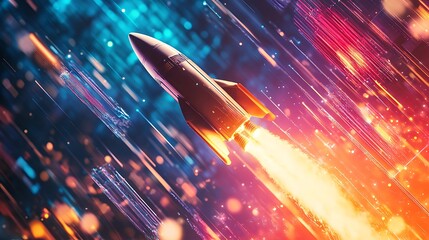 Illustration of a rocket launching against a backdrop of glowing neon lights and startup inspiration