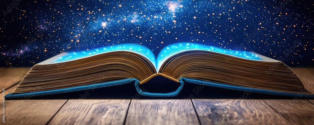Poster Open book under starry sky symbolizing learning and cognition concept. Open book with glowing pages against a starry night background.