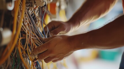 A construction worker handling electrical wiring at a building site. Featuring focus and technical expertise