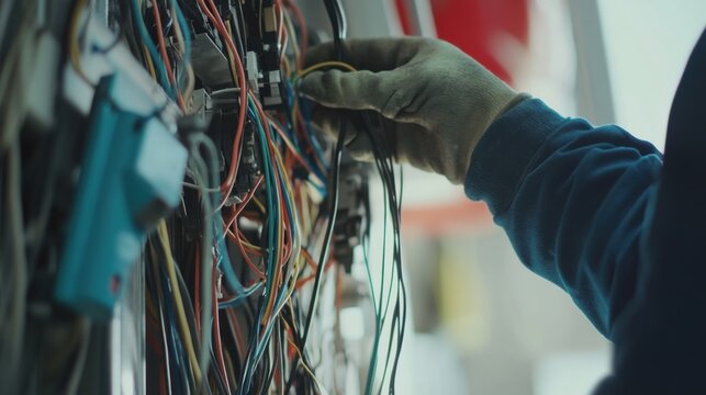 A construction worker handling electrical wiring at a building site. Featuring focus and technical expertise