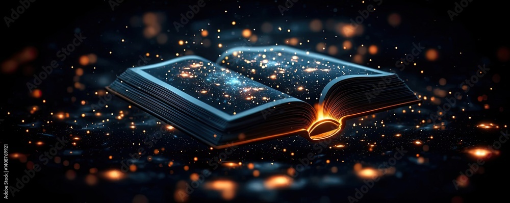 Poster open book under starry sky with galaxy and cognition concept. a magical book with glowing pages and 