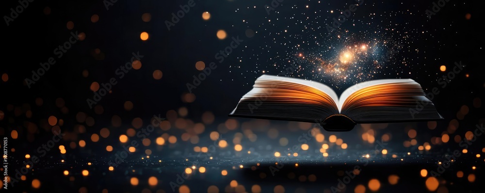 Poster Open book under starry sky with galaxy and cognition concept. An open book emitting cosmic light and magical particles.