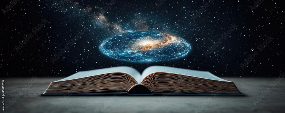 Poster open book under starry sky with galaxy and cognition concept. a book reveals the mysteries of the un