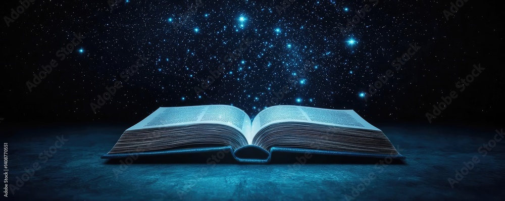 Poster open book under starry sky with galaxy and cognition concept. an open book with stars illuminating a