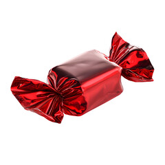 Wrapped candy in shiny foil wrapper, red color, isolated on transparent white background