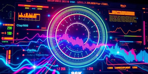 Abstract neon tech HUD interface, dynamic data streams, vibrant energy pulses, data, electric