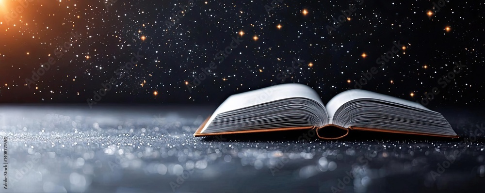 Aufkleber open book under starry sky expanding cognition of space concept. an open book against a starry backg