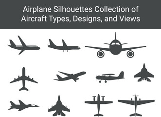 Airplane Silhouettes Collection of Aircraft, Airplanes, and Jets black silhouettes of different aircraft types, including commercial jets, military jets, and prop planes, viewed from various angles. © Md Hafijul