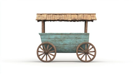 Fototapeta premium A rustic, wooden cart with a thatched roof, featuring large wheels, designed for transportation or display of goods.