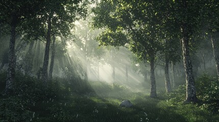 Obraz premium Sunlit forest path through a misty woodland.
