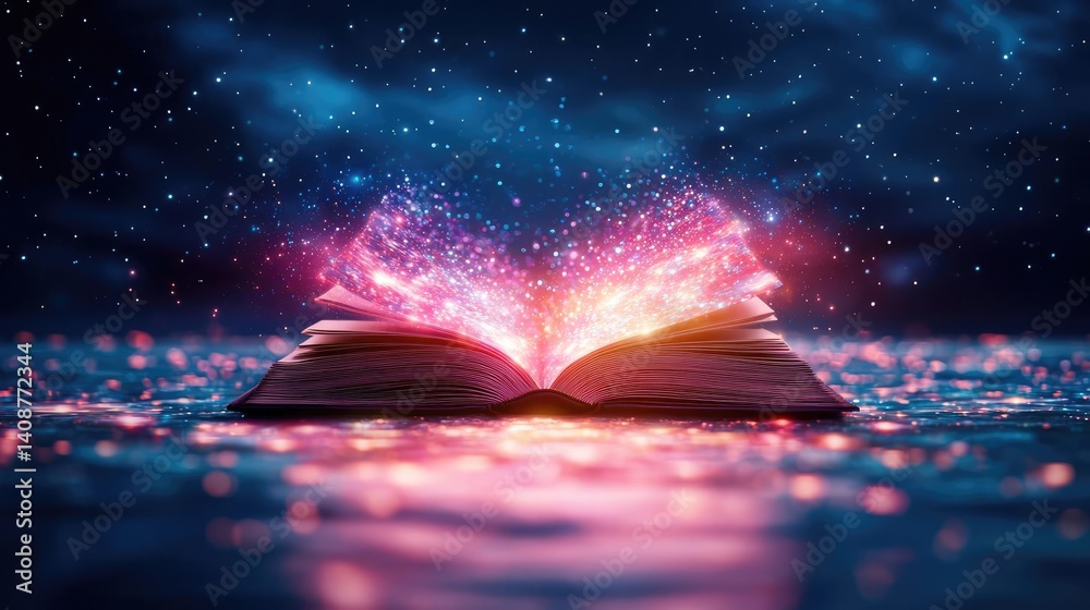 Poster open book under starry sky with galaxy and cognition concept. an open book unleashes vibrant magic i