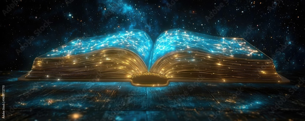Poster open book under starry sky symbolizing learning and cognition concept. an open book glowing with cos