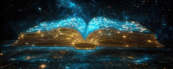 Open book under starry sky symbolizing learning and cognition concept. An open book glowing with cosmic lights in a starry background.