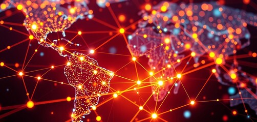 Abstract network of glowing nodes and lines representing global financial data flow, progress, money