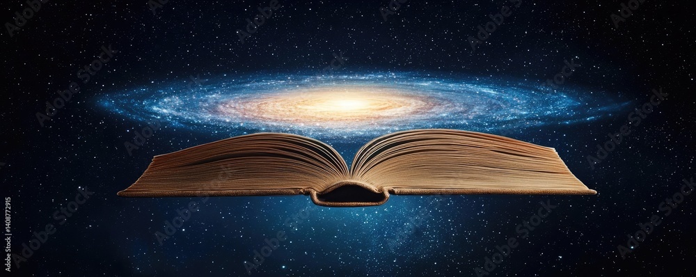Aufkleber Open book under starry sky expanding cognition of space concept. An open book floating in space with a galaxy background.