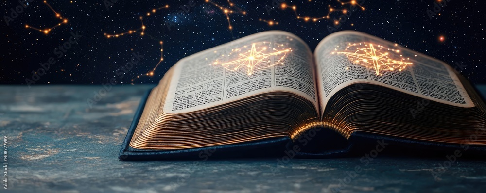 Poster open book under starry sky symbolizing learning and cognition concept. an open book with glowing pag