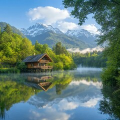Fototapeta premium Tranquil Mountain Lake with Cabin and Reflection Under Blue Sky