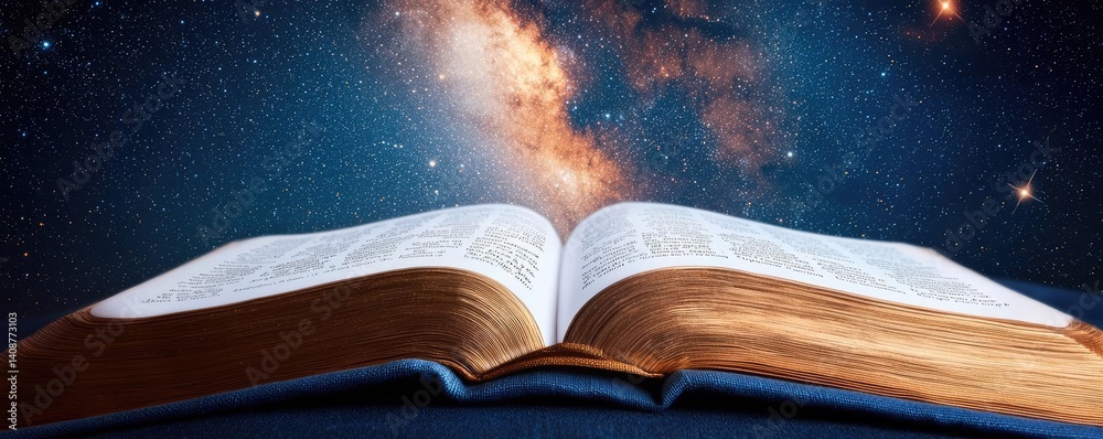 Aufkleber Open book under starry sky with galaxy and cognition concept. An open book with a cosmic backdrop illustrating knowledge.