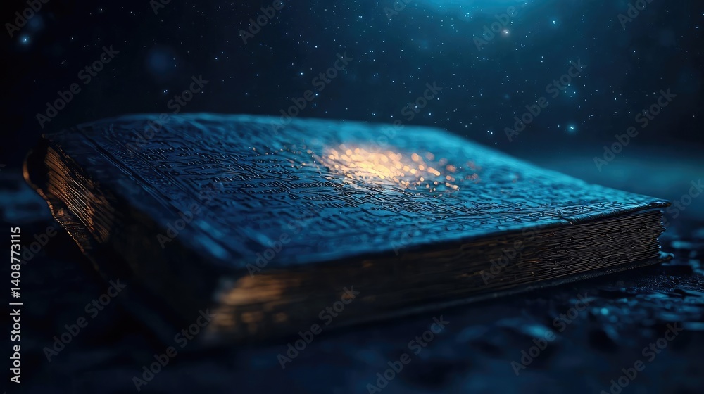 Poster open book under starry sky with galaxy and cognition concept. a mystical book glowing softly in a da