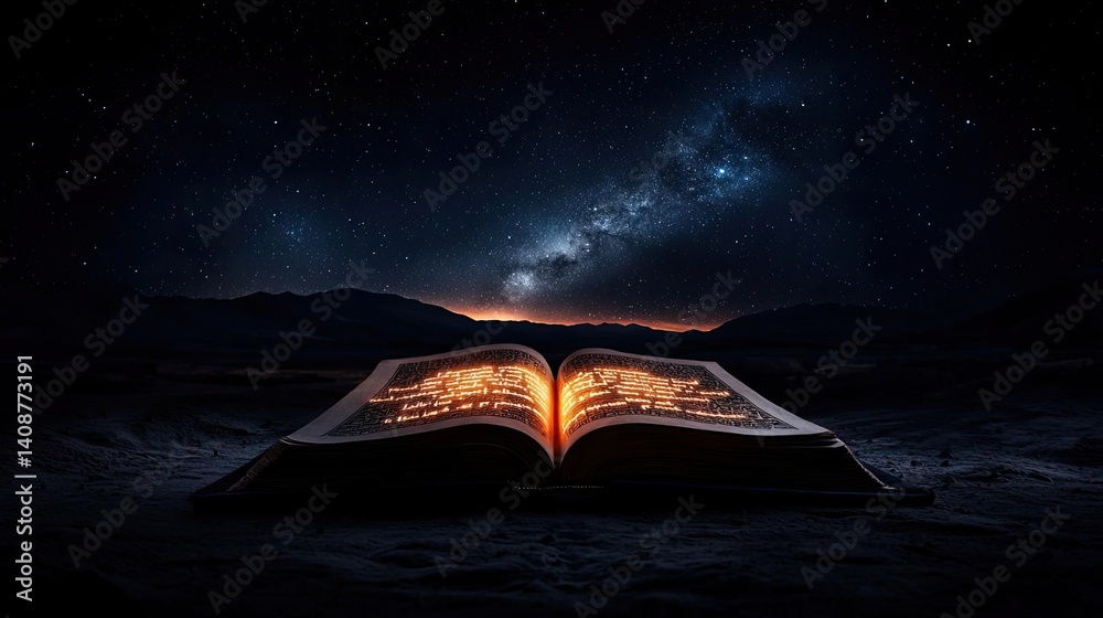 Poster open book under starry sky expanding cognition of space concept. a glowing book under a starry sky e