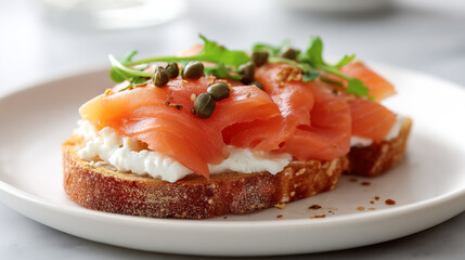 Delicious smoked salmon toast recipe with cream cheese capers and arugula for breakfast or brunch idea