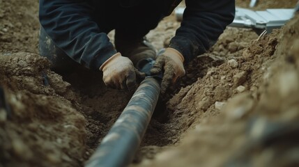 A construction worker installing a new water pipe in a trench. Featuring technical expertise and precision