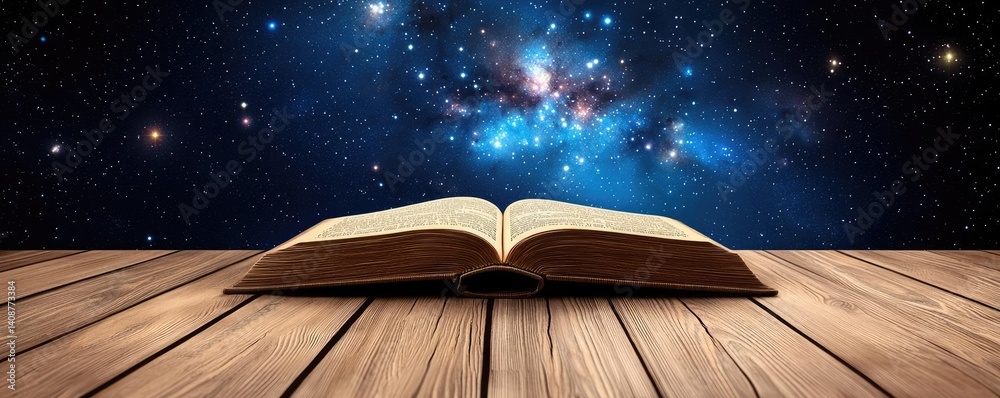 Poster open book under starry sky with galaxy and cognition concept. an open book placed on a wooden surfac