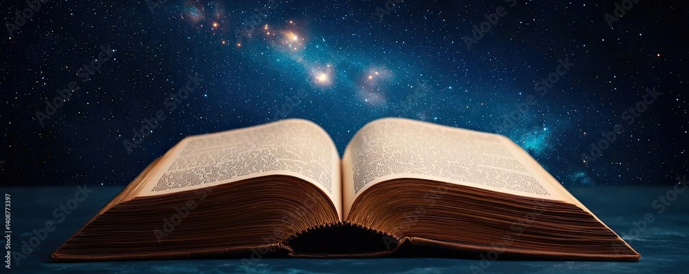 Aufkleber open book under starry sky with galaxy and cognition concept. an open book against a starry night sk