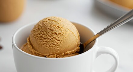 Indulgent caramel ice cream scoop served in a pristine white mug with a spoon